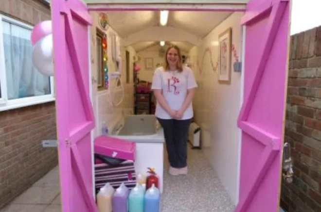 dog grooming parlor in a storage shed