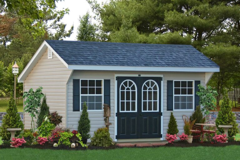 outdoor saltbox shed in vinyl